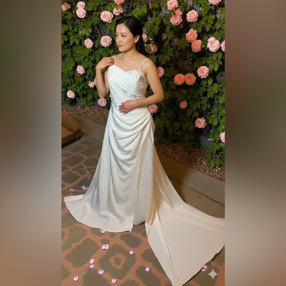 Elegant One-Shoulder Lace Appliqué Wedding Gown with Train